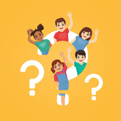 Smiling cute kids boys and girls waiving from question mark isolated vector illustration. Multiethnic happy children on yellow background.