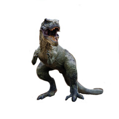 an extreme closeup view of an ominous t-rex dinosaur figurine isolated against a clean white backgro