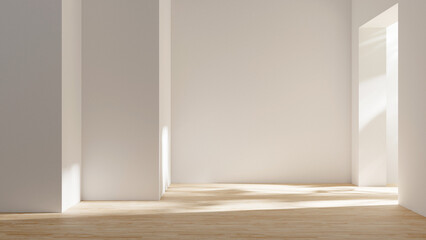 Aufkleber - Abstract empty studio room with sunlight and leafs shadows, empty living room design interior with light beams and wooden floor