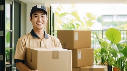 Wall Mural - Asian deliverer man holding a box, smiling and looking at camera. Generative AI.