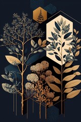 Wall Mural - earth tone, honeycomb and indigo color, minimal, contemporary, mid century, boho, modern, 2 tone, geometric, plants, vegetation, organic, growth, ai generative