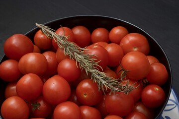 Canvas Print - Close up shot of a bowl containing fresh, red tomatoes and a branch of fragrant rosemary