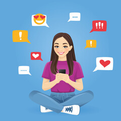 Wall Mural - Young beautiful smiling woman using mobile phone sitting with crossed legs isolated on blue background vector illustration