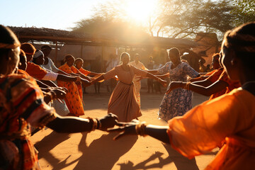 A joyful picture of people dancing in a circle during a religious folk dance at a cultural festival Generative AI