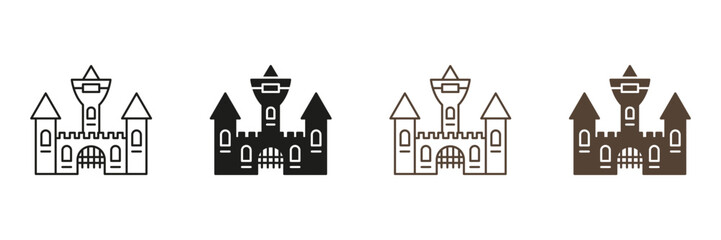 Wall Mural - Vampire Dracula Castle Line and Silhouette Icon Set. Scary Dark Old Building for Halloween Celebration Black and Color Symbols. Gothic Spooky House Pictogram. Isolated Vector Illustration