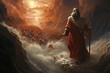 A commanding illustration of Moses parting the Red Sea, leading the Israelites to safety Generative AI