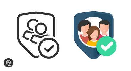 Poster - Family shield safety icon line outline art vector simple graphic logo, people group insurance life protection policy symbol, team security guard defense pictogram, children risk safeguard coverage