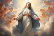 A solemn depiction of Mary's assumption into heaven, ascending to be with her son and God Generative AI