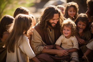 a heartwarming portrayal of jesus with children gathered around him, embracing them with warmth and 