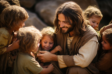 a heartwarming portrayal of jesus with children gathered around him, embracing them with warmth and 