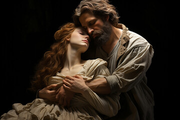  A tender portrayal of Abraham embracing his wife Sarah, symbolizing their enduring love and partnership Generative AI