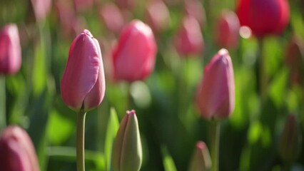 Sticker - Closeup shot of the pink tulip flowers in the garden on a sunny day