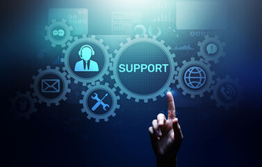 Wall Mural - Support button on virtual screen. Customer service and communication concept.