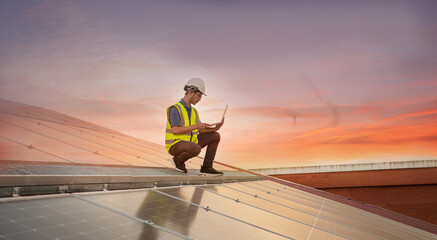 Engineer working on checking equipment in solar power plant,Technology solar energy renewable.	