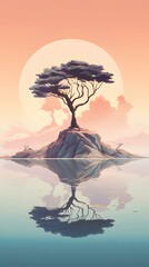 Pink pastel mystical dream island with a japanese treephone hd wallpaper, ai generated