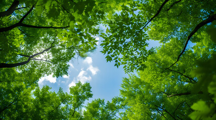 Wall Mural - forest trees view from below into the sky. nature green wood sunlight backgrounds