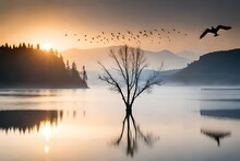 Sunrise Over The Lake With Mountain, Birds And Tree