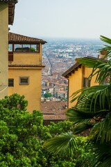 Sticker - Vertical view from San Vigilio Castle looking down on the city of lower Bergamo, Italy.