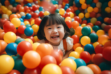 funny little kids playing in ball and enjoying time in children entertainment and play area. Smiling little baby kid girl lying on multi colored plastic balls center. Generative AI.