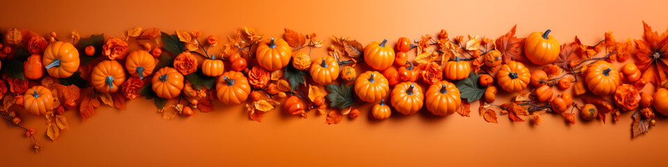 Wall Mural - Fall pumpkins and leaves garland, wide banner, orange, background, copyspace, top down view, seasonal decor