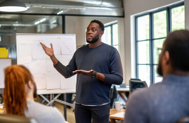 An engaging African American man delivers a dynamic corporate presentation. Captivating his audience, he shares insights within a professional boardroom setting