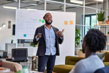 An engaging African American man delivers a dynamic corporate presentation. Captivating his audience, he shares insights within a professional boardroom setting