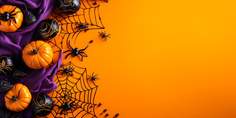 Wall Mural - Halloween pumpkins and spiders flat lay, orange and purple, banner, background, copyspace, top down view, seasonal decor