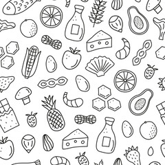 Seamless pattern with doodle food allergens.