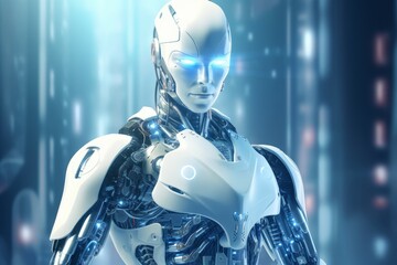 A robot standing in front of a blue background