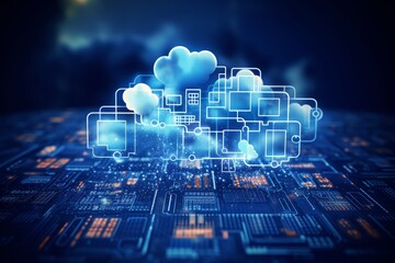 Poster - A computer circuit board with a bunch of clouds floating out of it