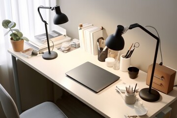 Poster - Desk with a laptop and a lamp