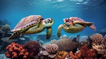 Two Green Sea Turtles Swimming Over A Coral Reef