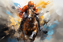 Abstract Racing Horse With Jockey From Splash Of Watercolors On White Background Illustration Of Paints Generative AI
