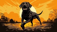  A Black Dog Running Across A Field With A Sunset In The Background.  Generative Ai