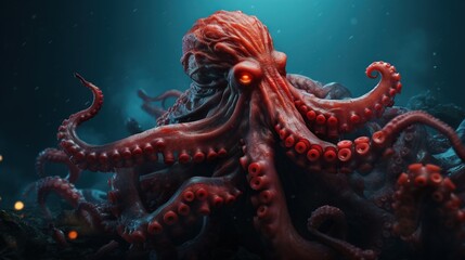 Wall Mural -  an octopus with glowing eyes in a dark ocean scene with a light shining on it's face.  generative ai