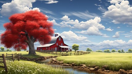 Poster -  a painting of a red barn and a tree by a stream.  generative ai