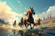 Cartoon Equestrian Sport, Flat Horse Race With Riders Generative AI
