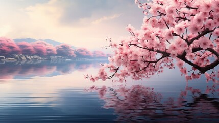 Poster -  a painting of a tree with pink flowers in the foreground.  generative ai