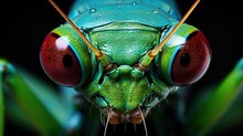  A Close Up Of A Green Insect's Face With Red Eyes.  Generative Ai