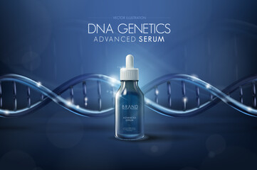 Moisturizing serum cosmetic ads template. Dropper bottle with light spout and dna genertic molecules. Cosmetic innovation technology and beauty concept. Effective collagen skin care formula.