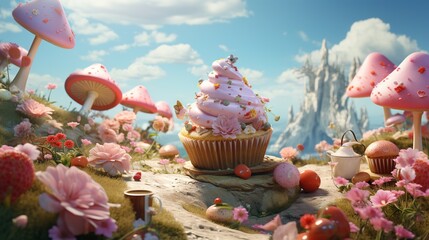 Wall Mural -  a painting of a cupcake surrounded by mushrooms and flowers.  generative ai