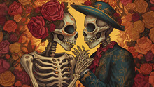 Dia De Los Muertos Skeleton Lovers With Roses - Day Of The Dead Illustration - Generative AI