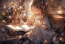 Beautiful Little Girl Reading Magic Book