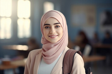 Back to school. Middle eastern muslim school female teenage student posing at the classroom looking at the camera