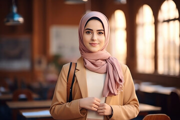 Wall Mural - Back to school. Middle eastern muslim school female teenage student posing at the classroom looking at the camera