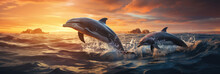 Dolphins Jumping Out Of The Water Poster With Copy Space