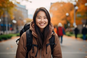 Wall Mural - Cute Young Girl with a Backpack Heading Back to School with a Fall City Background	