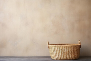 Textured neutral beige wall copy space. Monochrome empty room with minimalist woven vine basket. Wall scene mockup product for showcase, Promotion background.