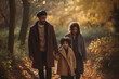 © Sam - mixed race family walking in the park autumn fall trees and season
