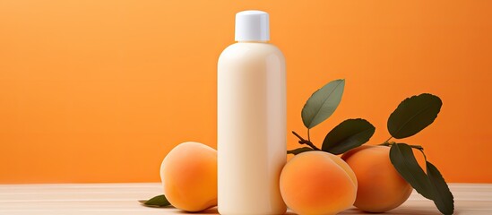 Poster - The brightening cream, body lotion, and facial foam are natural cosmetic beauty products that come in a glass bottle with either serum or oil. The mock-up shows the bottle alongside fresh apricots